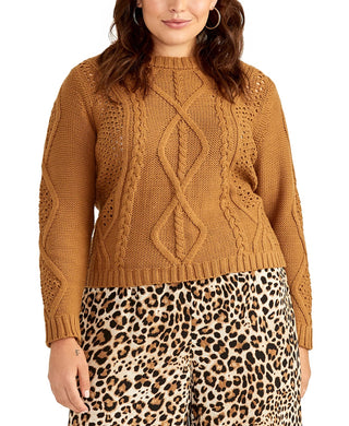 Rachel Roy Suéter Adrina Mixed-Cable Plus Size Feminino da Moda Marrom Tamanho 2X