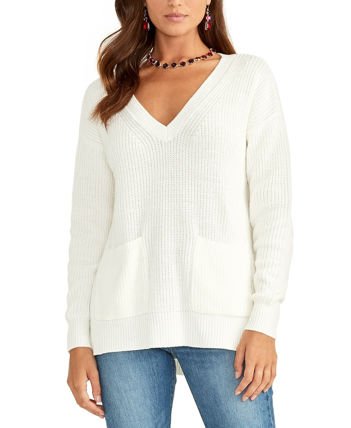 Suéter feminino de malha com decote em V Rachel Rachel Roy, branco, tamanho médio