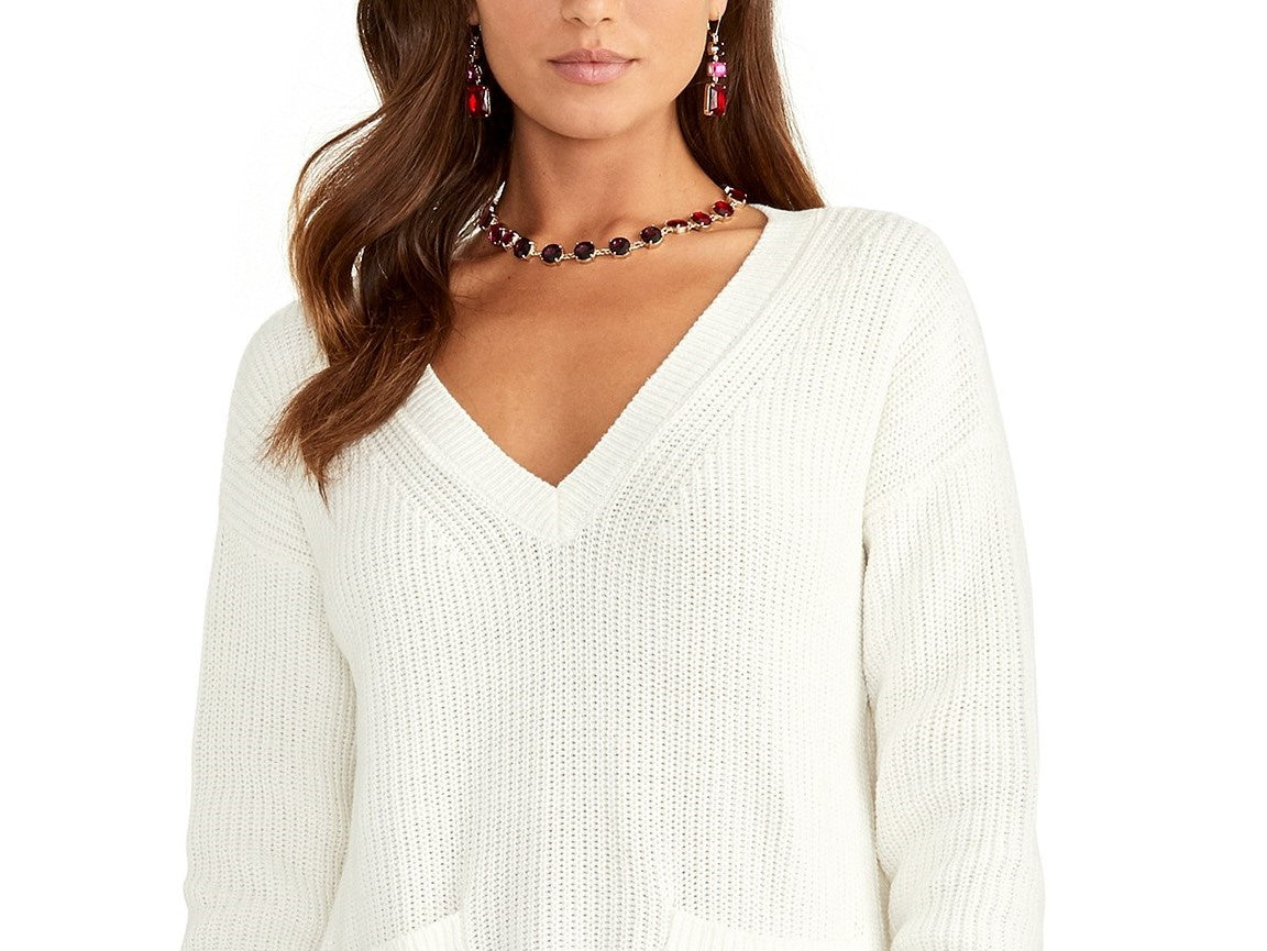 Suéter feminino de malha com decote em V Rachel Rachel Roy, branco, tamanho médio