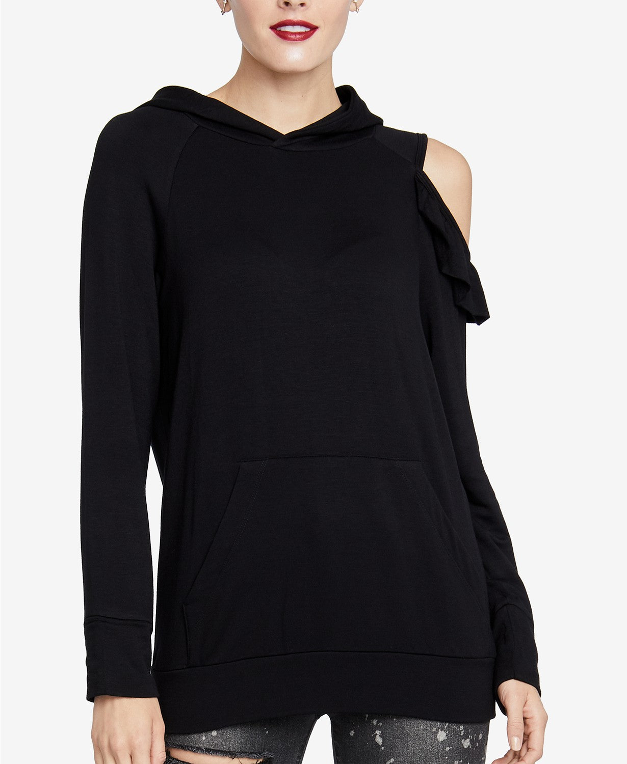 Moletom com capuz feminino Rachel Rachel Roy com ombros descobertos, preto, tamanho extra pequeno