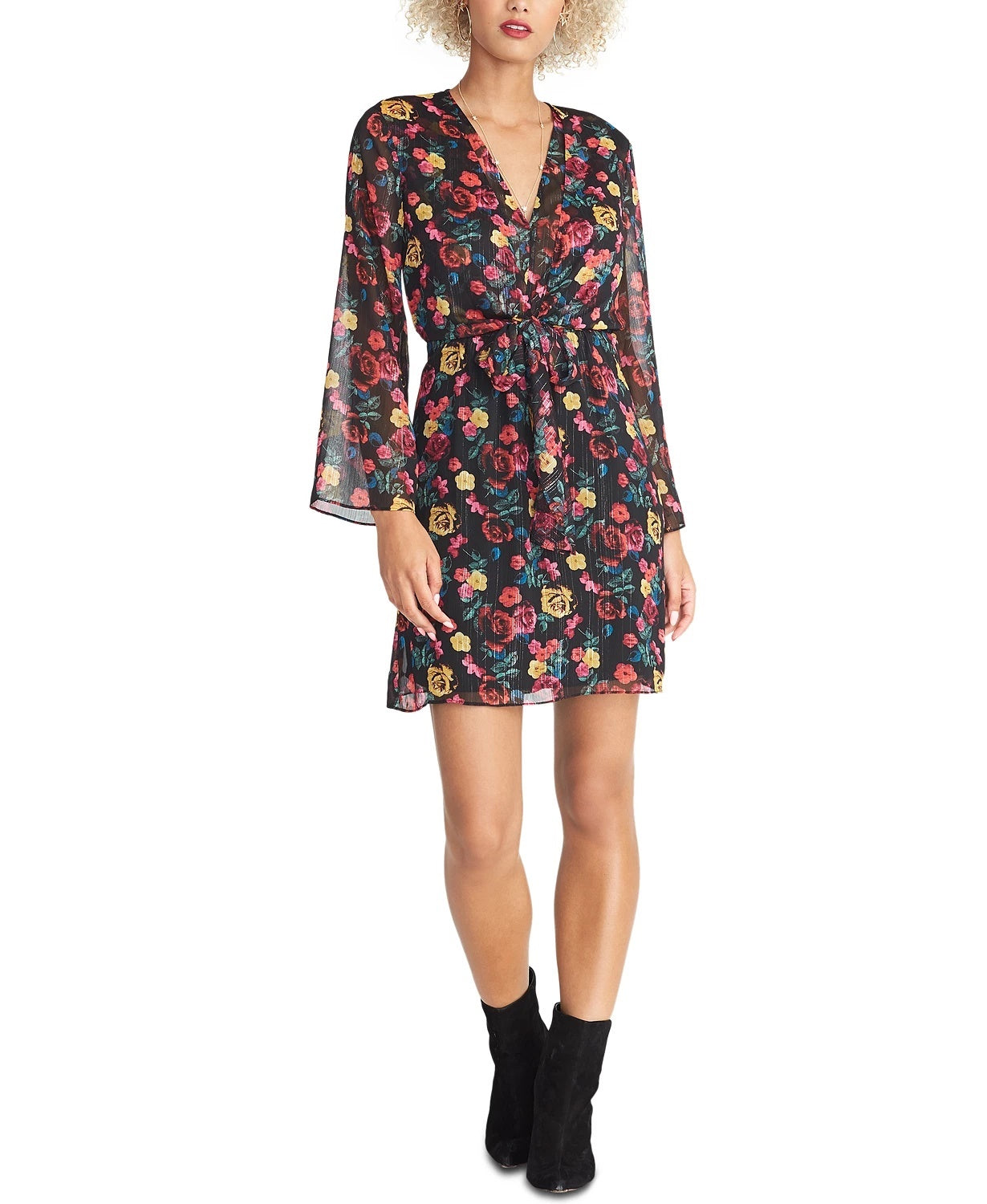 Vestido feminino Rachel Roy com estampa floral e amarração na cintura, preto, tamanho grande
