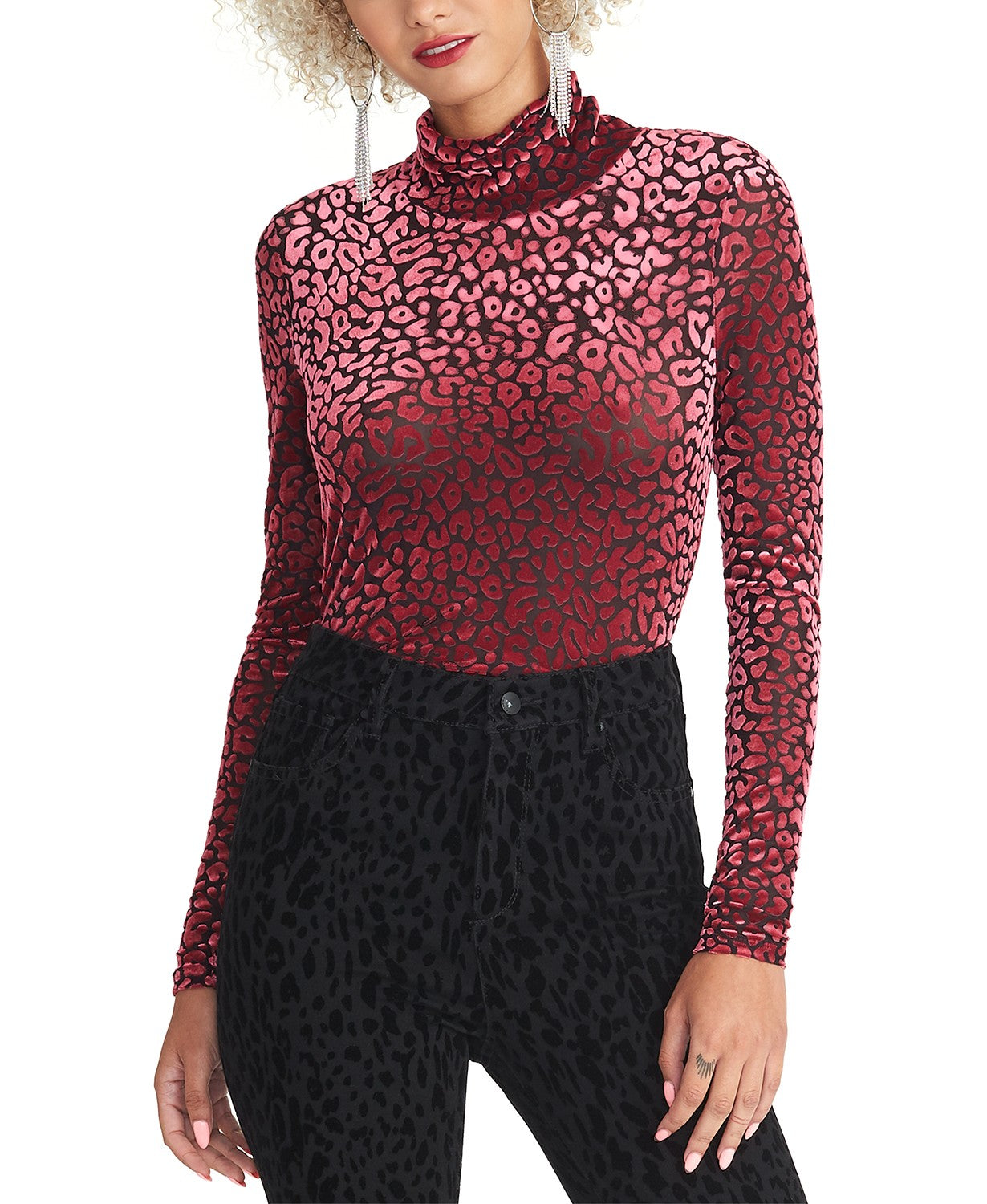 Blusa feminina Rachel Rachel Roy Val Flocked de gola alta rosa tamanho grande