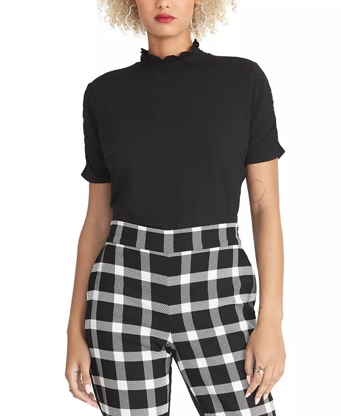 Blusa feminina Rachel Roy Elle com babados e gola alta, preta, tamanho grande