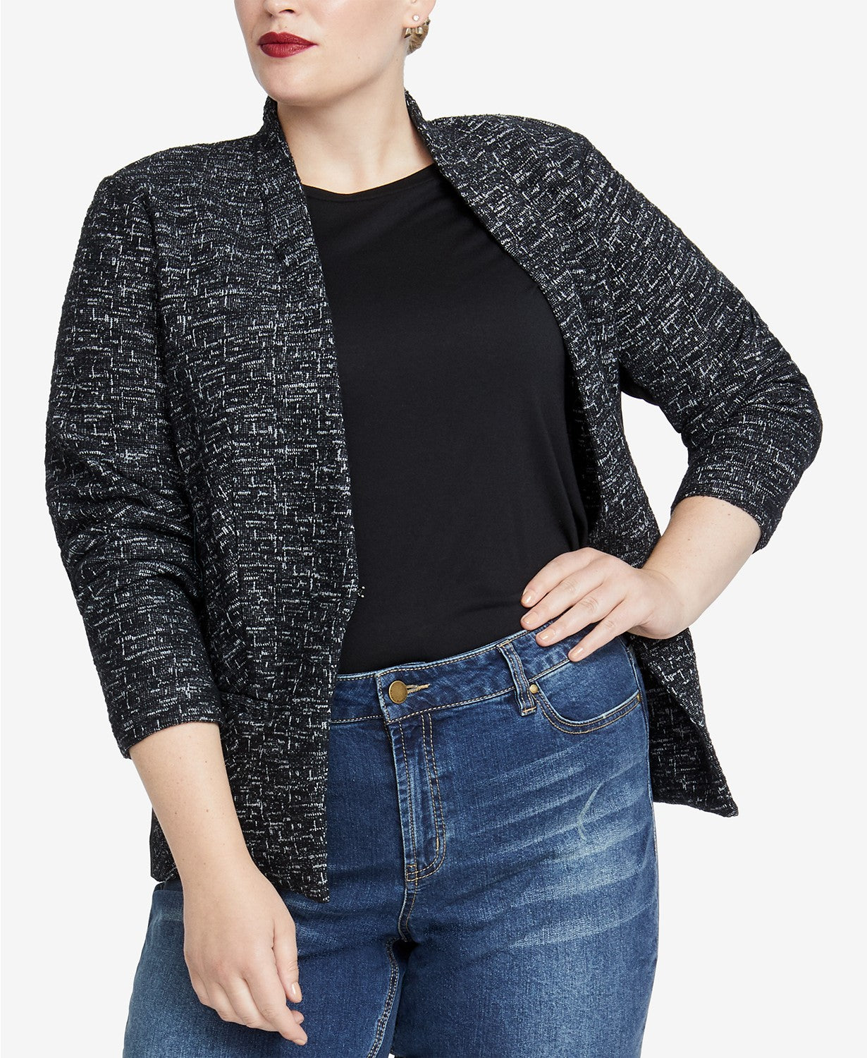 Jaqueta feminina plus size da Rachel Rachel Roy com abertura frontal, preta, tamanho 1X