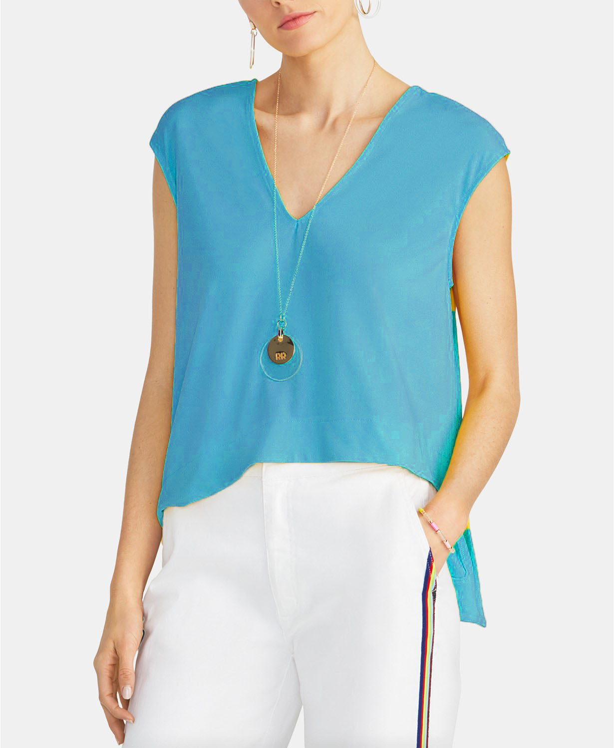 Rachel Rachel Roy Top curto Bina com decote em V feminino, azul, tamanho pequeno