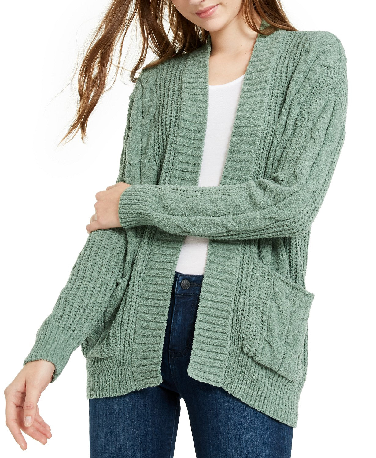 Cardigan de malha mista em chenille Ultra Flirt Juniors, verde, tamanho médio