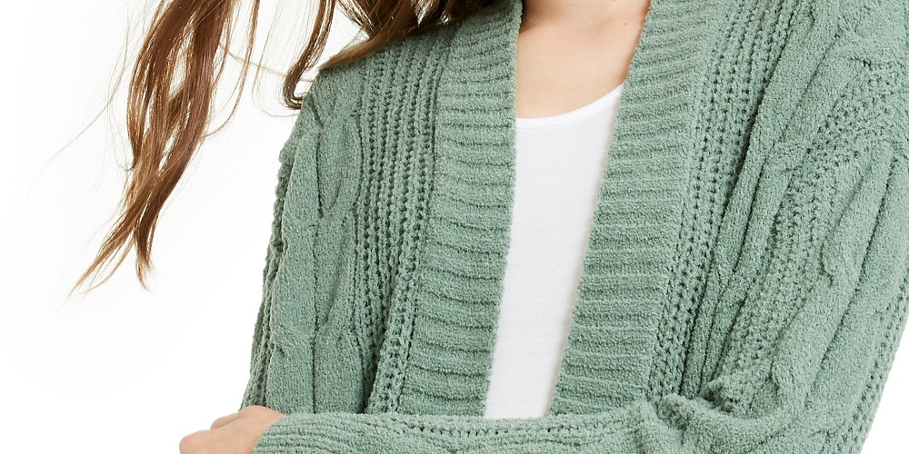Cardigan de malha mista em chenille Ultra Flirt Juniors, verde, tamanho médio
