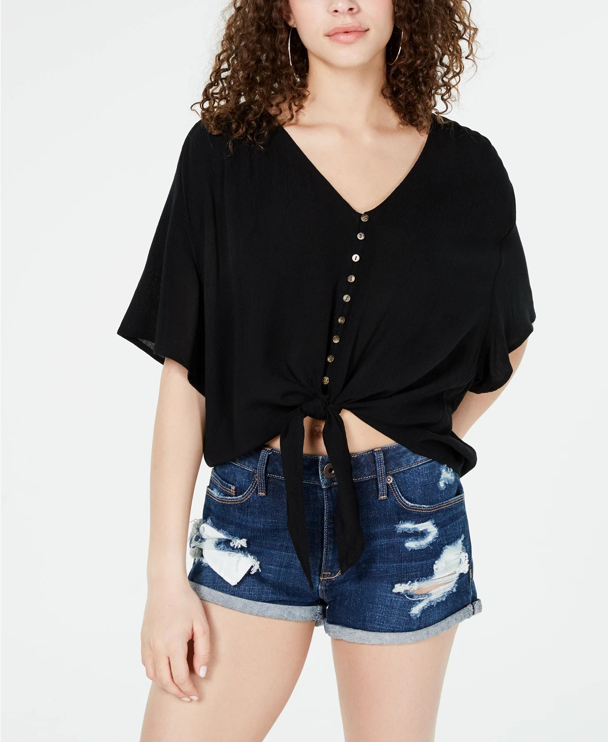 Blusa lisa com amarração frontal Ultra Flirt Juniors, preta, tamanho médio