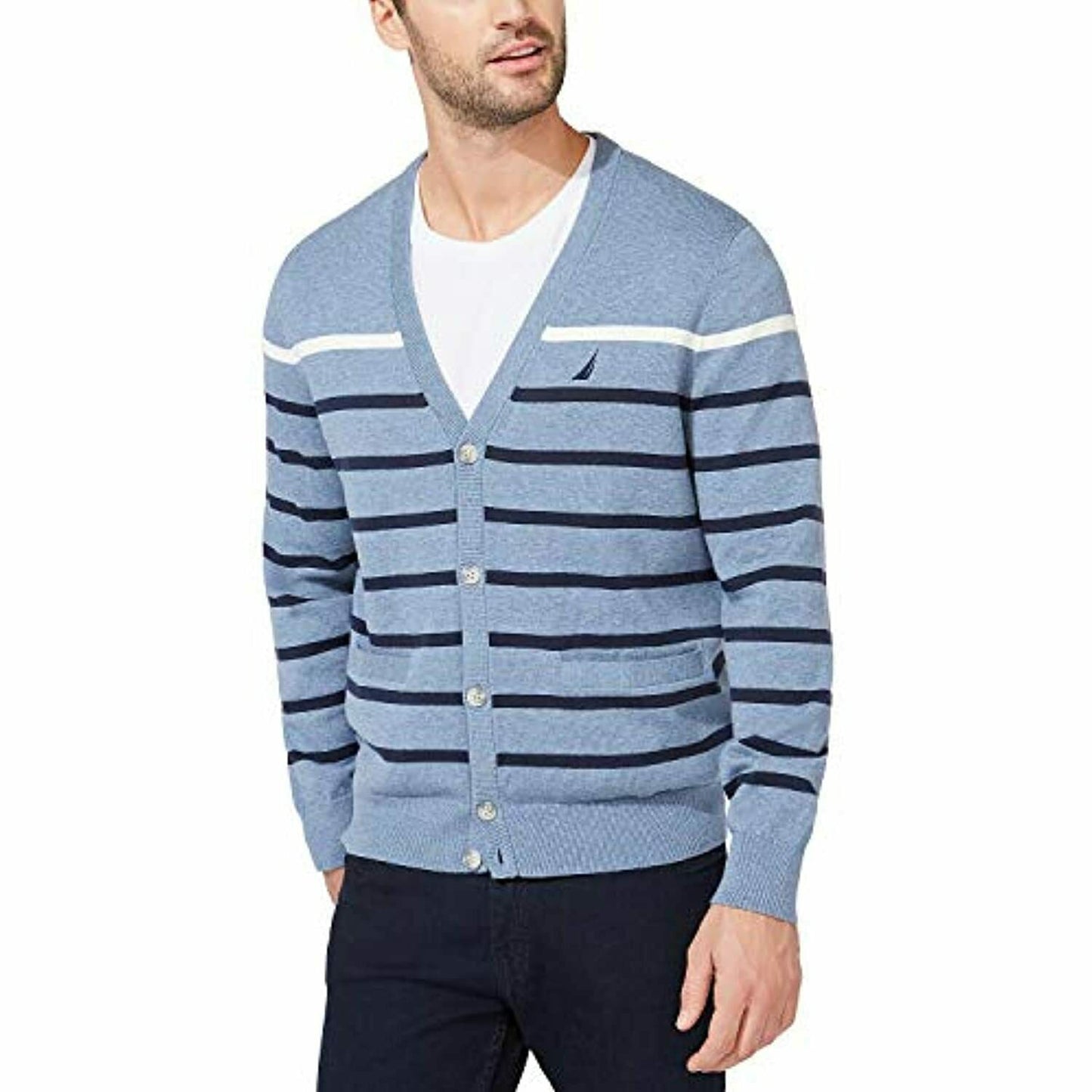 Cardigan listrado com decote em V e botões Nautica masculino, tamanho XX-G