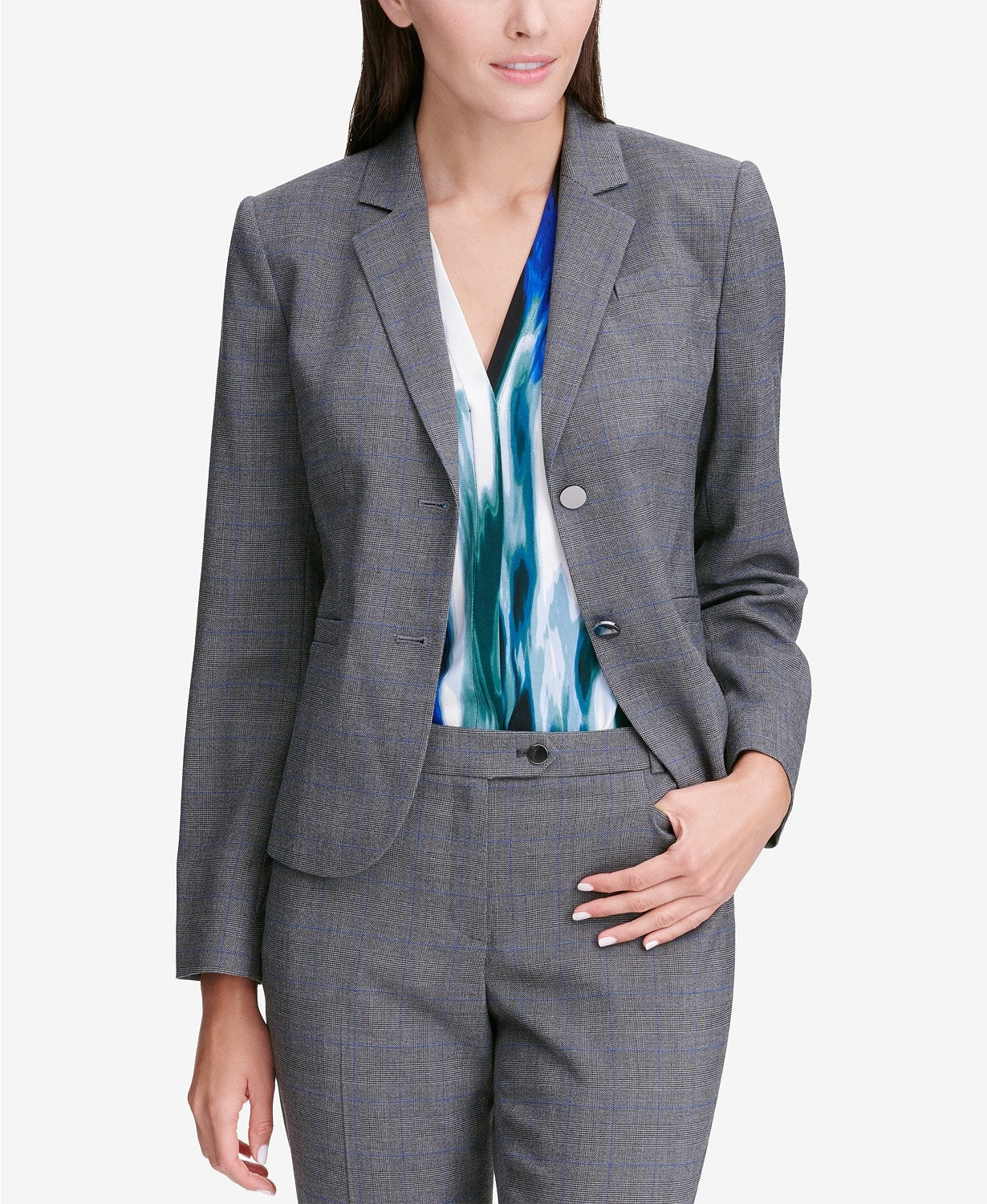 Calvin Klein Jaqueta Feminina Glen Plaid de Dois Botões Cinza Tamanho 16