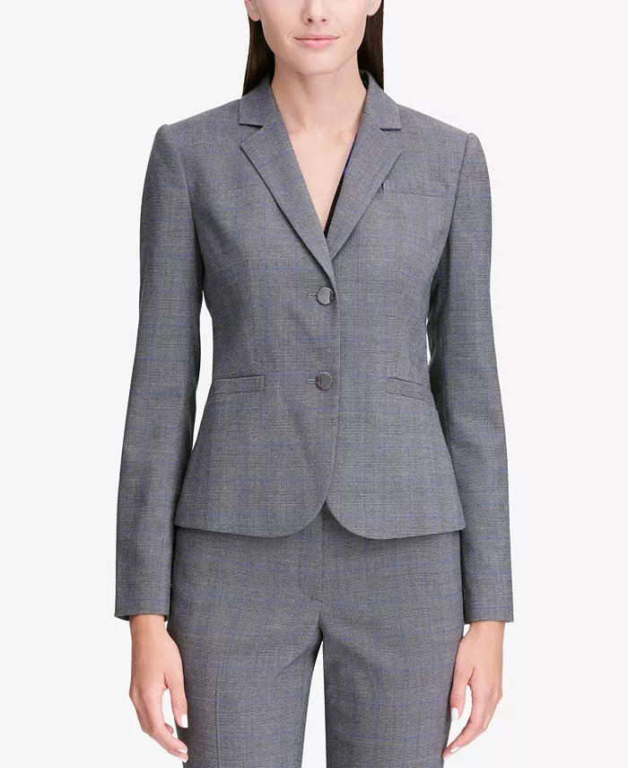 Jaqueta Calvin Klein Feminina Glen Plaid de Dois Botões, Prata, Tamanho 12