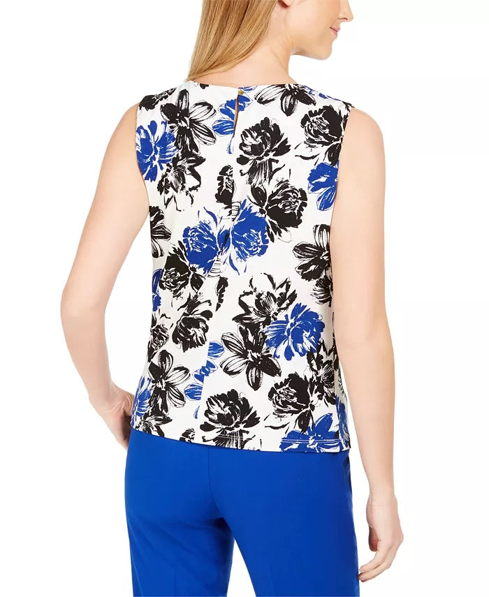 Blusa plissada com estampa floral feminina Calvin Klein, branca, tamanho X-G