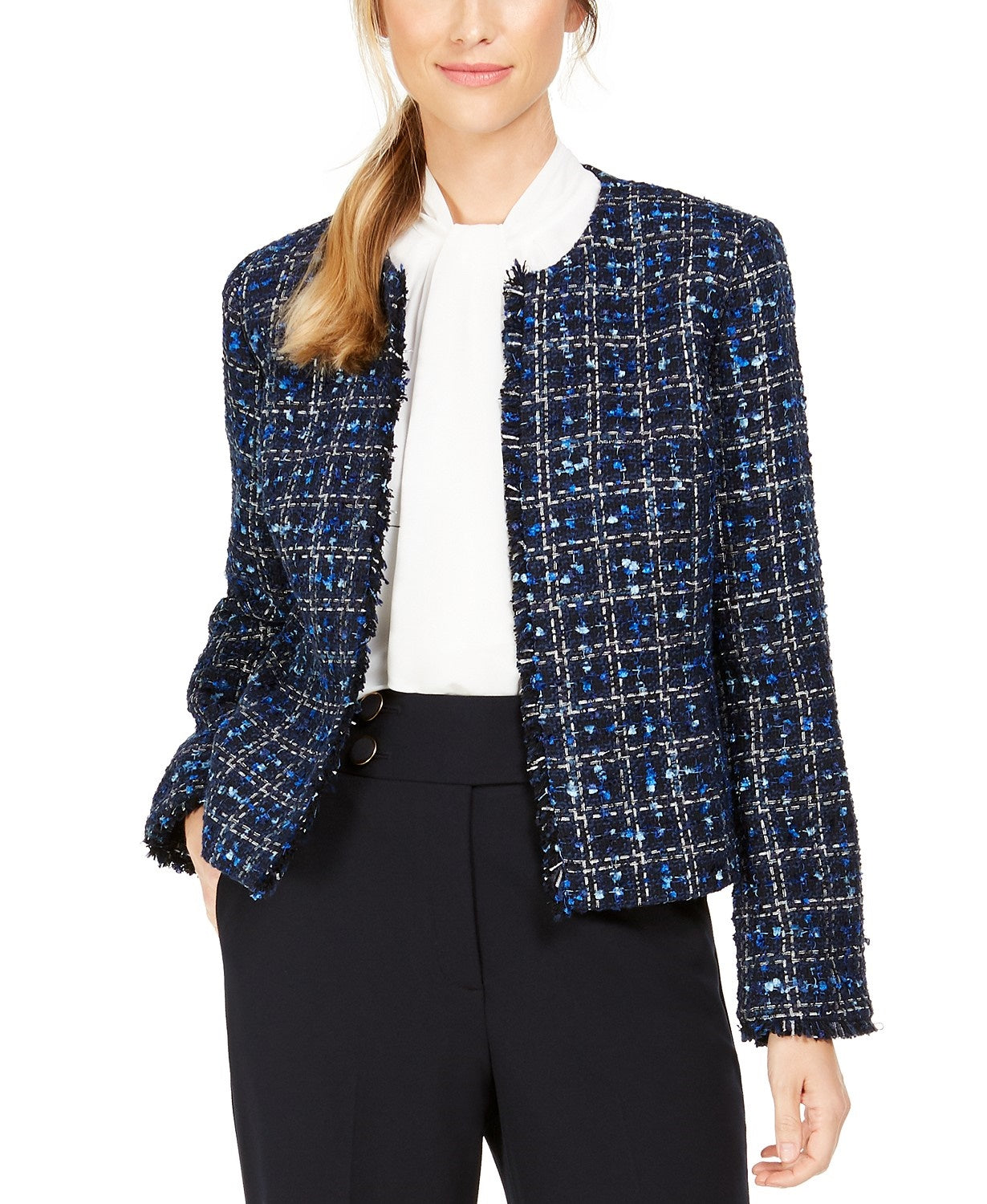 Jaqueta Calvin Klein Feminina Tweed Desfiada Azul Tamanho 16