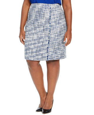 Saia lápis feminina Calvin Klein Tweed com franjas, azul, tamanho 12