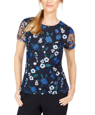 Blusa de malha bordada floral feminina Calvin Klein, azul, tamanho extra grande