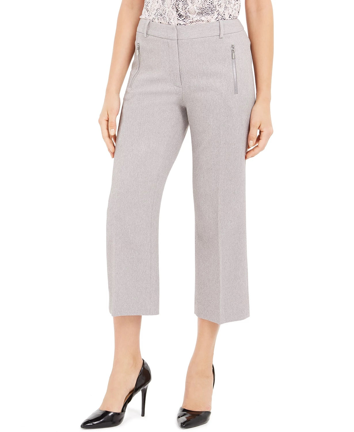 Calça curta de sarja Calvin Klein feminina com bolsos e zíper, cinza, tamanho 0