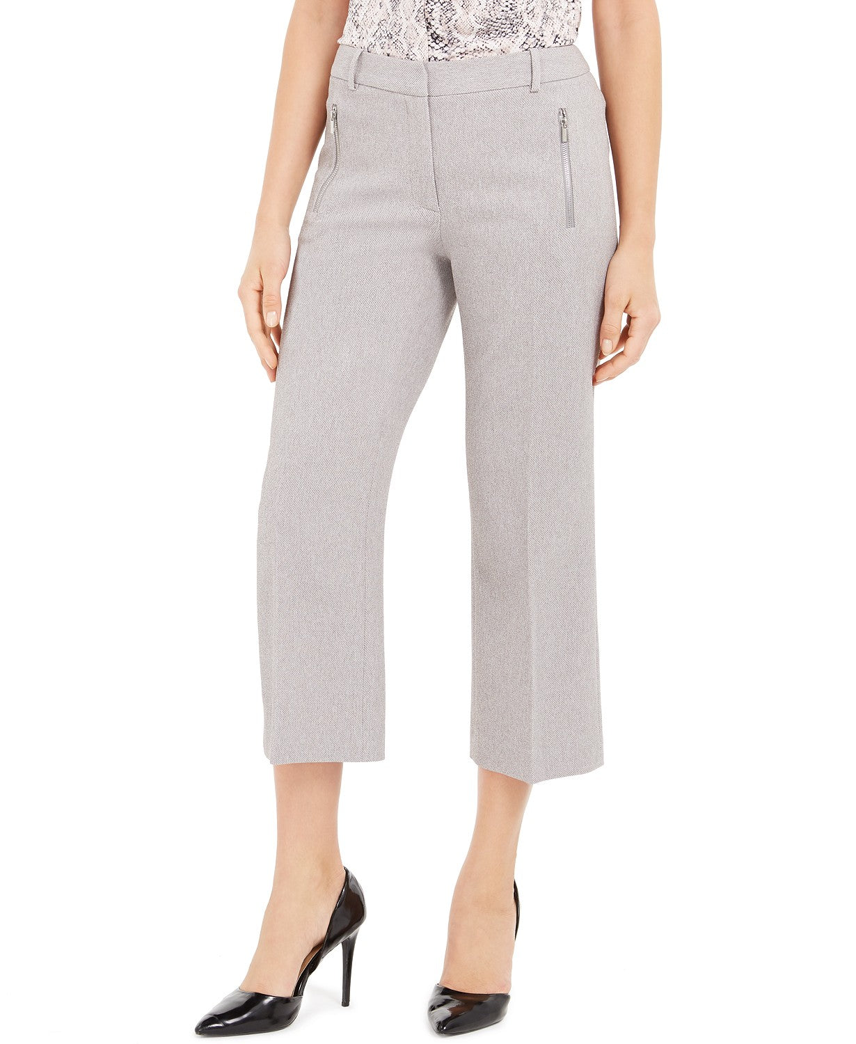 Calça curta de sarja Calvin Klein feminina com bolso e zíper, cinza, tamanho 10