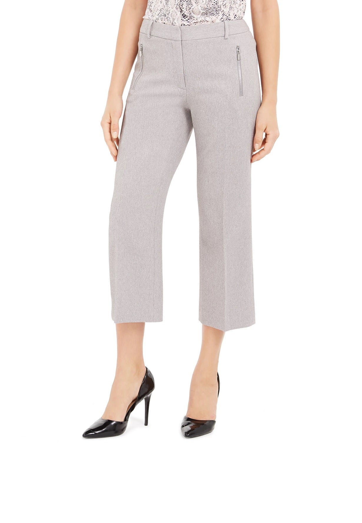 Calça curta de sarja Calvin Klein feminina com bolsos e zíper, cinza, tamanho 12