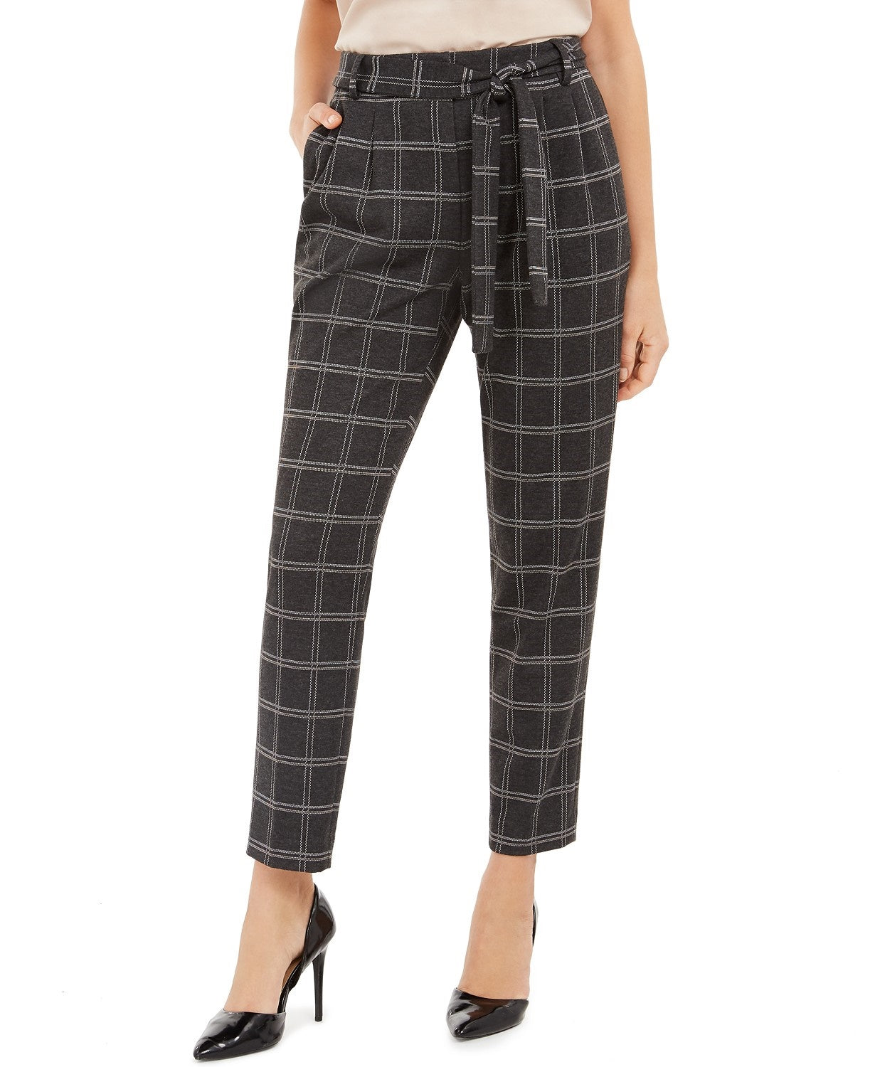 Calça feminina Calvin Klein xadrez com amarração na cintura, slim fit, prata, tamanho 12