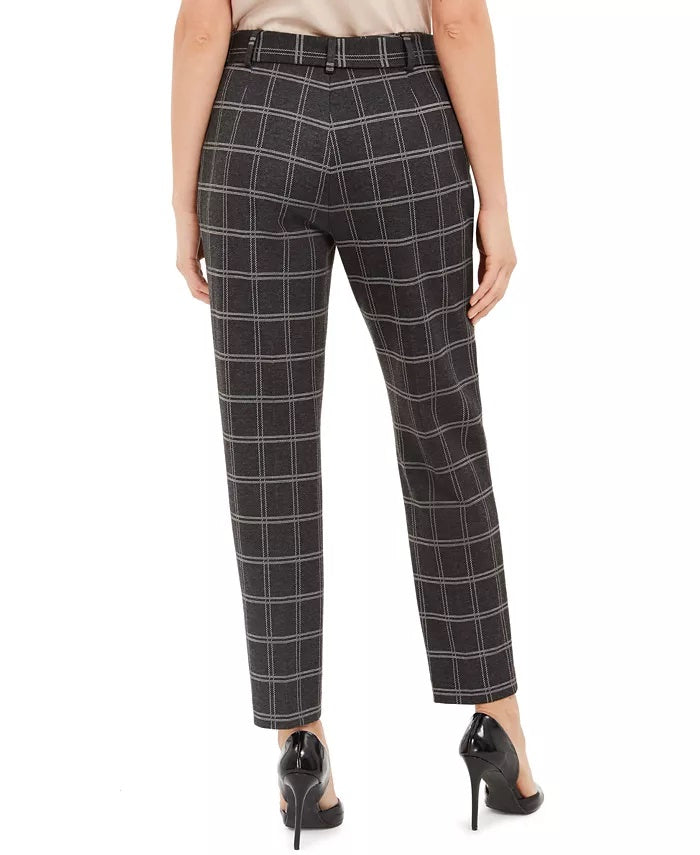 Calça feminina Calvin Klein xadrez com amarração na cintura, slim fit, prata, tamanho 12