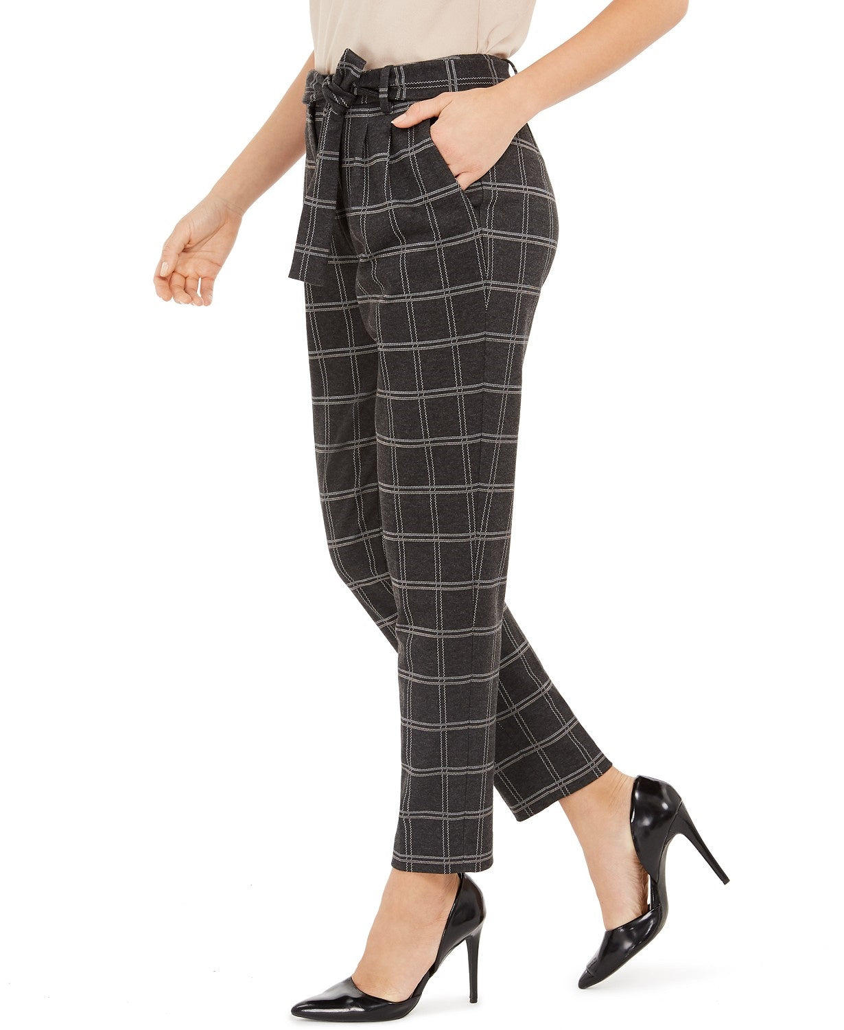 Calça feminina Calvin Klein xadrez com amarração na cintura, slim fit, prata, tamanho 12