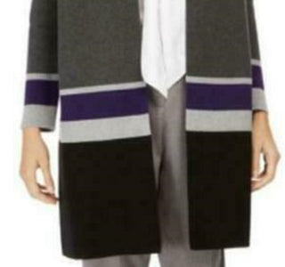 Calvin Klein Women's Striped Open-Front Cardigan Gray Size Medium