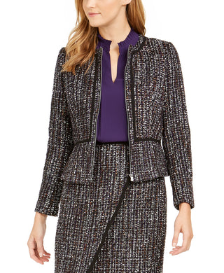 Jaqueta Calvin Klein Feminina Tweed com Zíper Frontal e Gola Sem Mangas, Preta, Tamanho 14