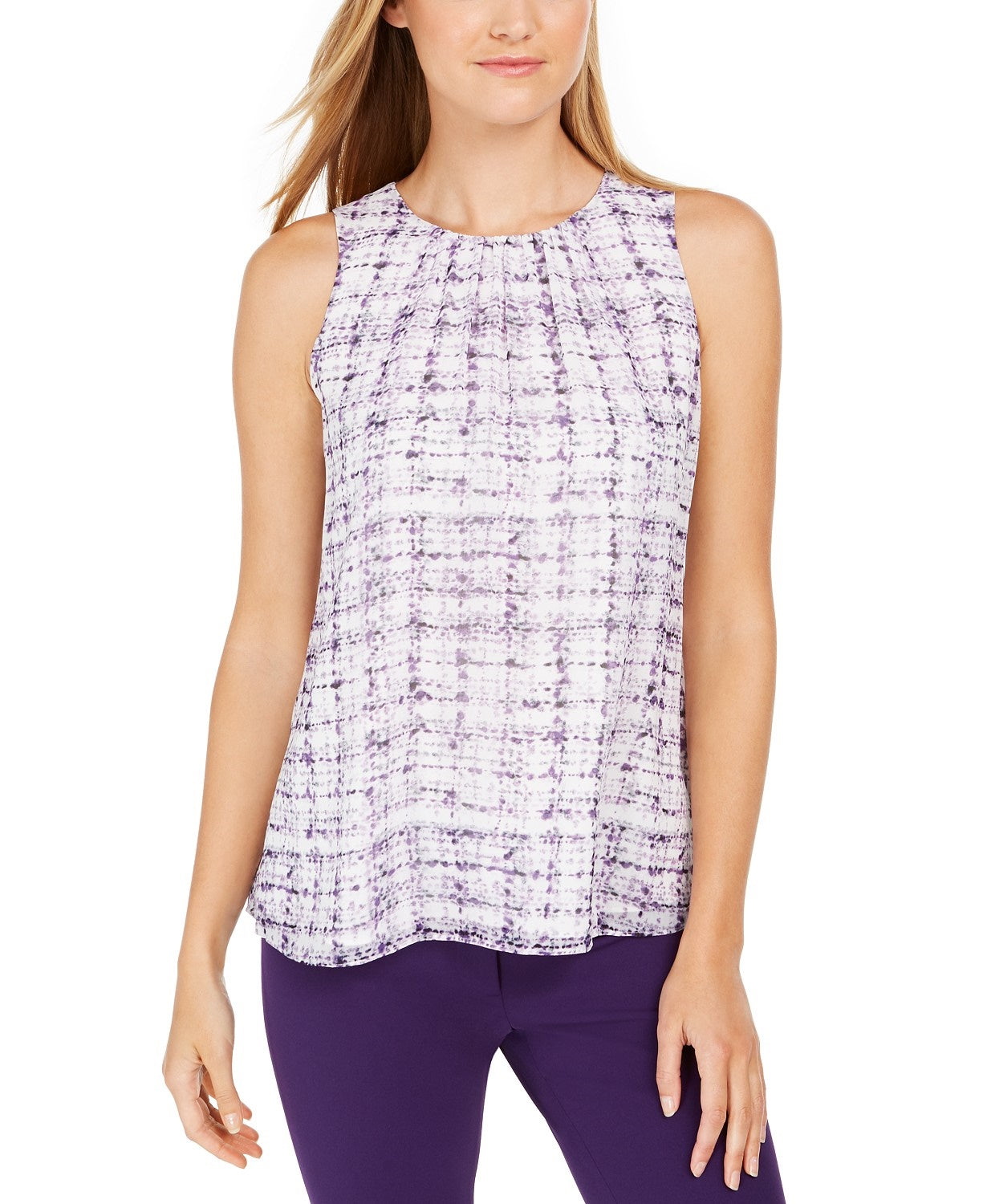 Blusa Calvin Klein Feminina Sem Mangas Estampada Gola Prega Roxa Tamanho Grande