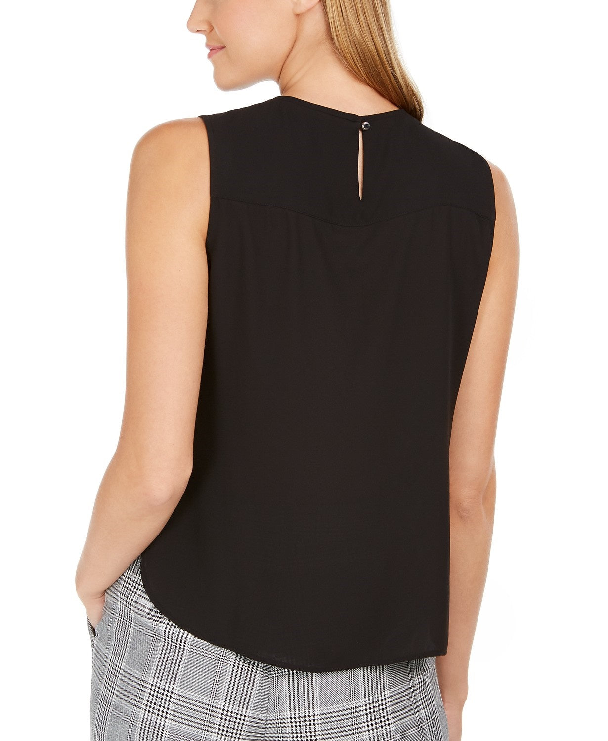 Blusa feminina Calvin Klein sem mangas com decote plissado, preta, tamanho grande