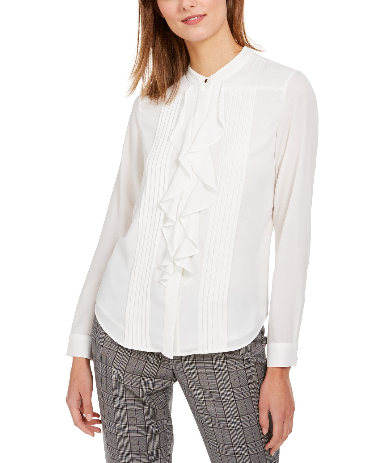 Blusa Calvin Klein Feminina com Babados e Botões Frontais, Branca, Tamanho Médio