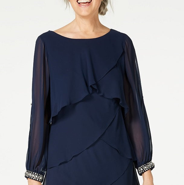 Vestido de chiffon em camadas de manga comprida feminino Sl Fashions, azul, tamanho 10