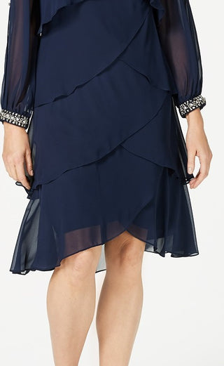 Vestido de chiffon em camadas de manga comprida feminino Sl Fashions, azul, tamanho 10