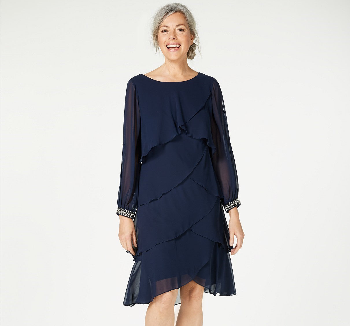 Vestido de chiffon em camadas de manga comprida da Sl Women's Fashions, azul-marinho, tamanho 12