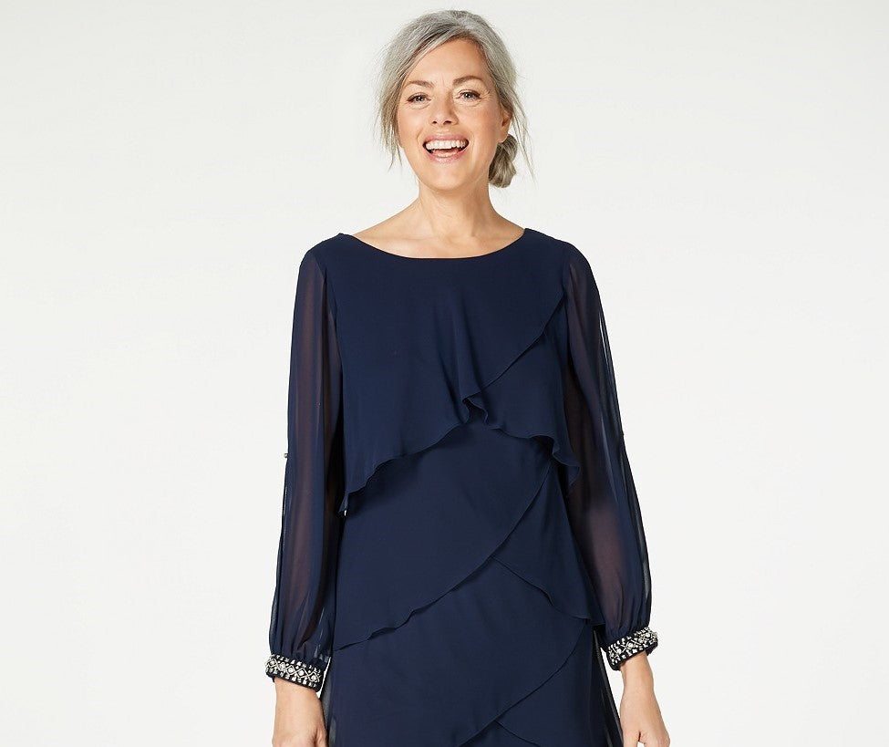 Vestido de chiffon em camadas de manga comprida da Sl Women's Fashions, azul-marinho, tamanho 12