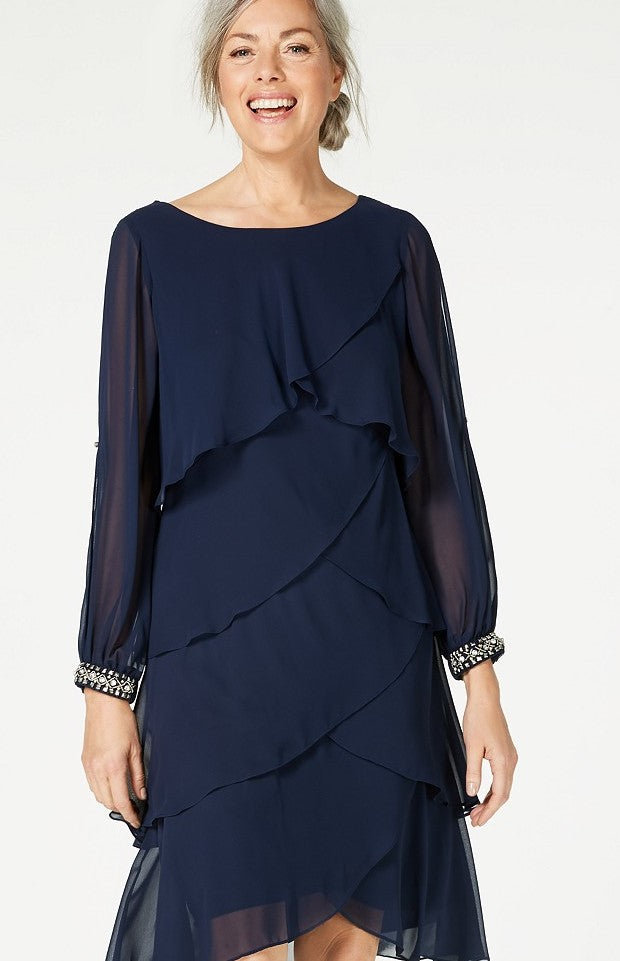 Vestido de chiffon em camadas de manga comprida feminino SL Fashions, azul-marinho, tamanho 18