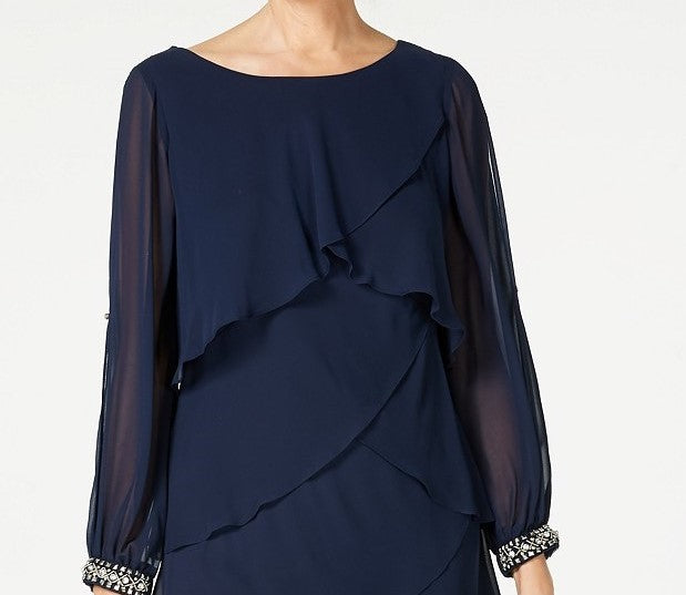 Vestido de chiffon em camadas de manga comprida feminino SL Fashions, azul-marinho, tamanho 18