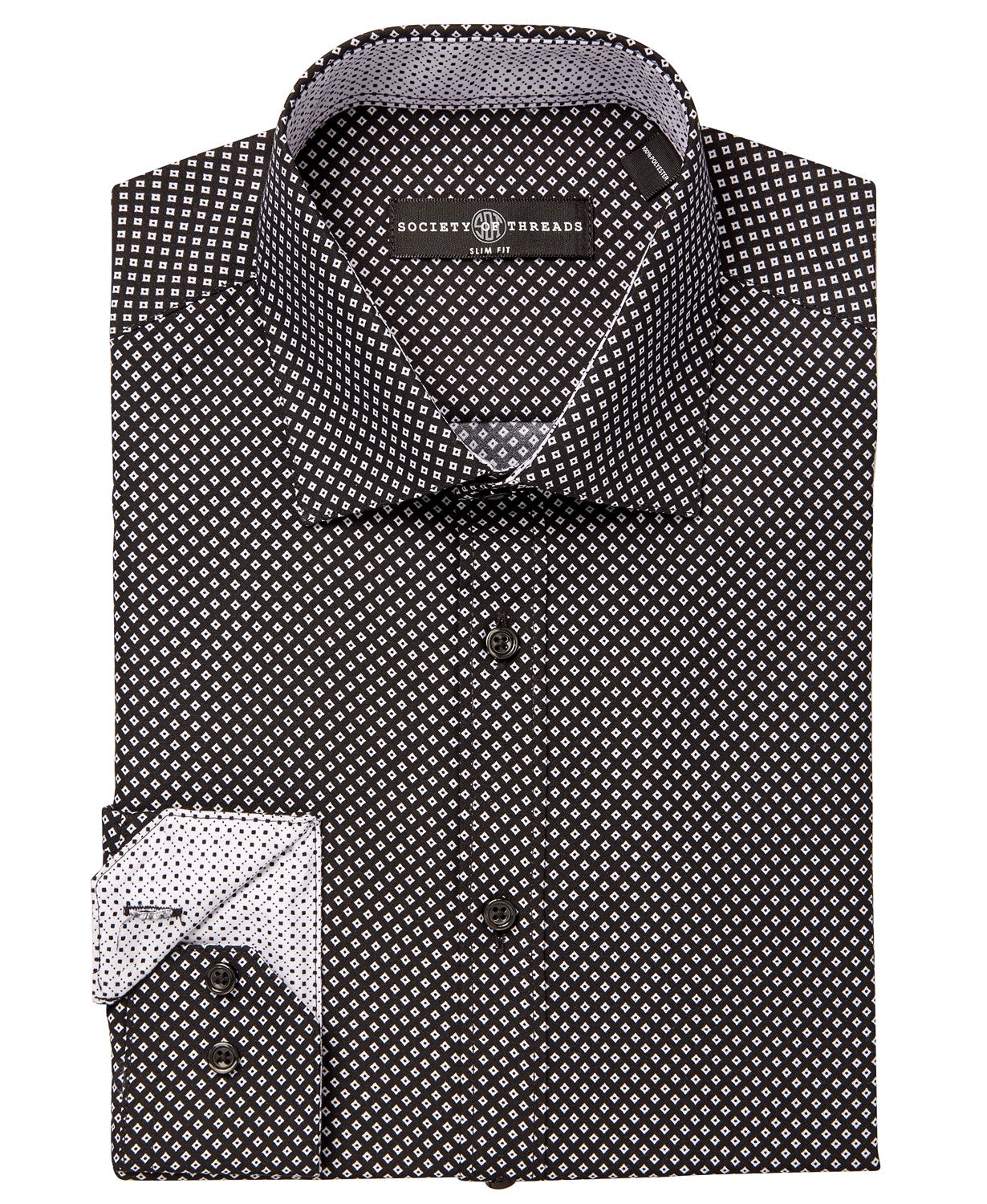 Camisa social masculina com estampa de diamantes e ajuste slim, tamanho grande, preta, da Society of Threads