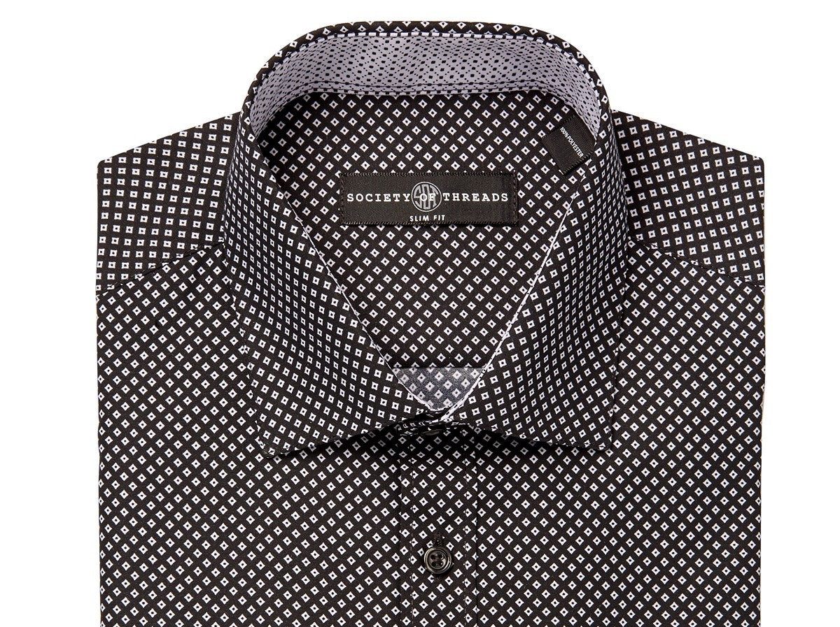 Camisa social masculina com estampa de diamantes e ajuste slim, tamanho grande, preta, da Society of Threads