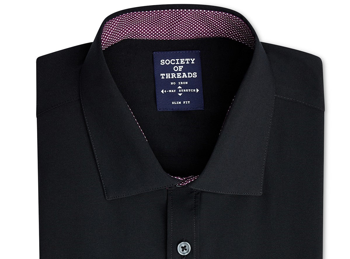 Camisa social masculina de corte slim fit elástica de desempenho, tamanho grande, preta, da Society of Threads