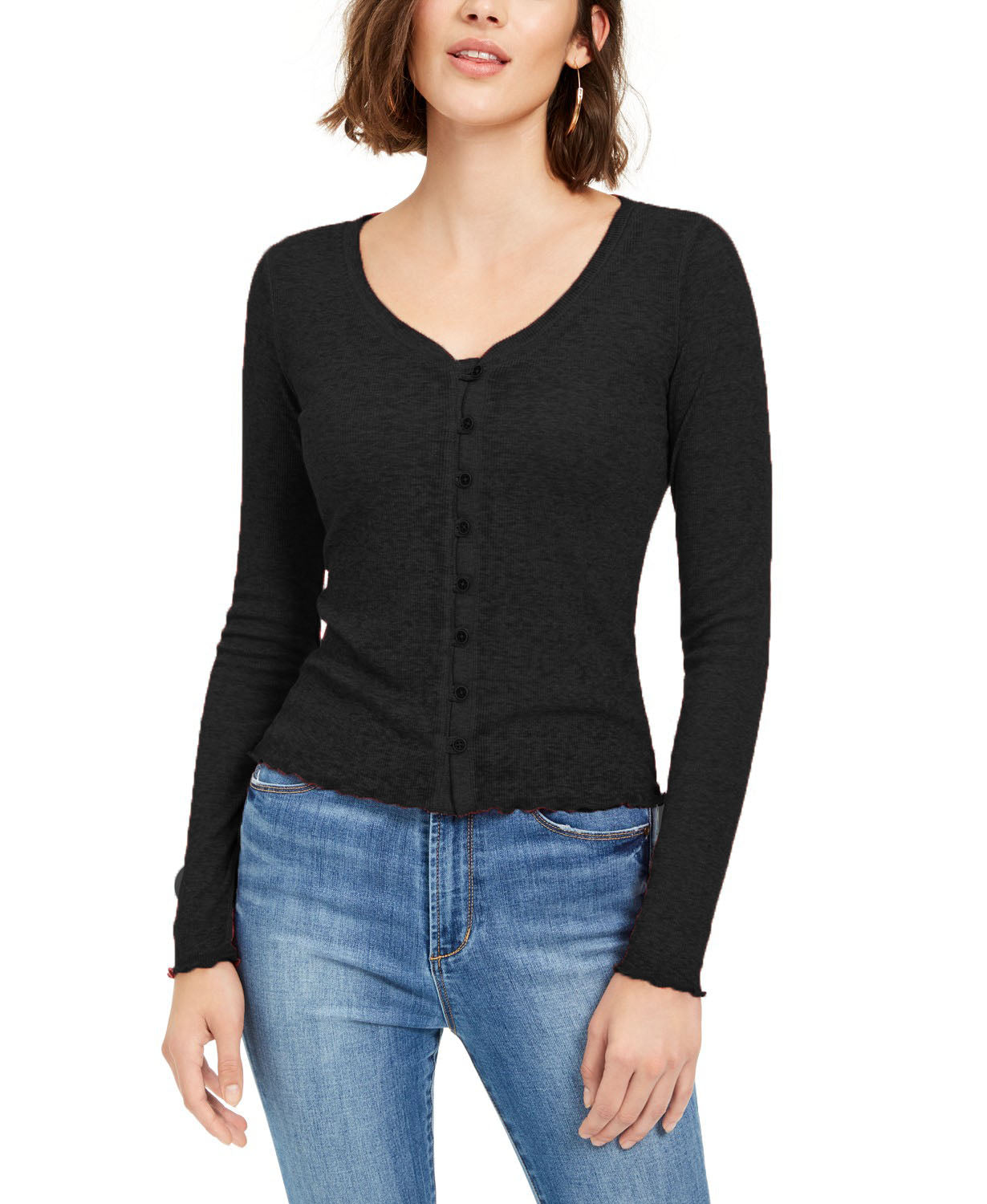 Camisa Crave Fame Juniors com decote em V e botões frontais, preta, tamanho pequeno