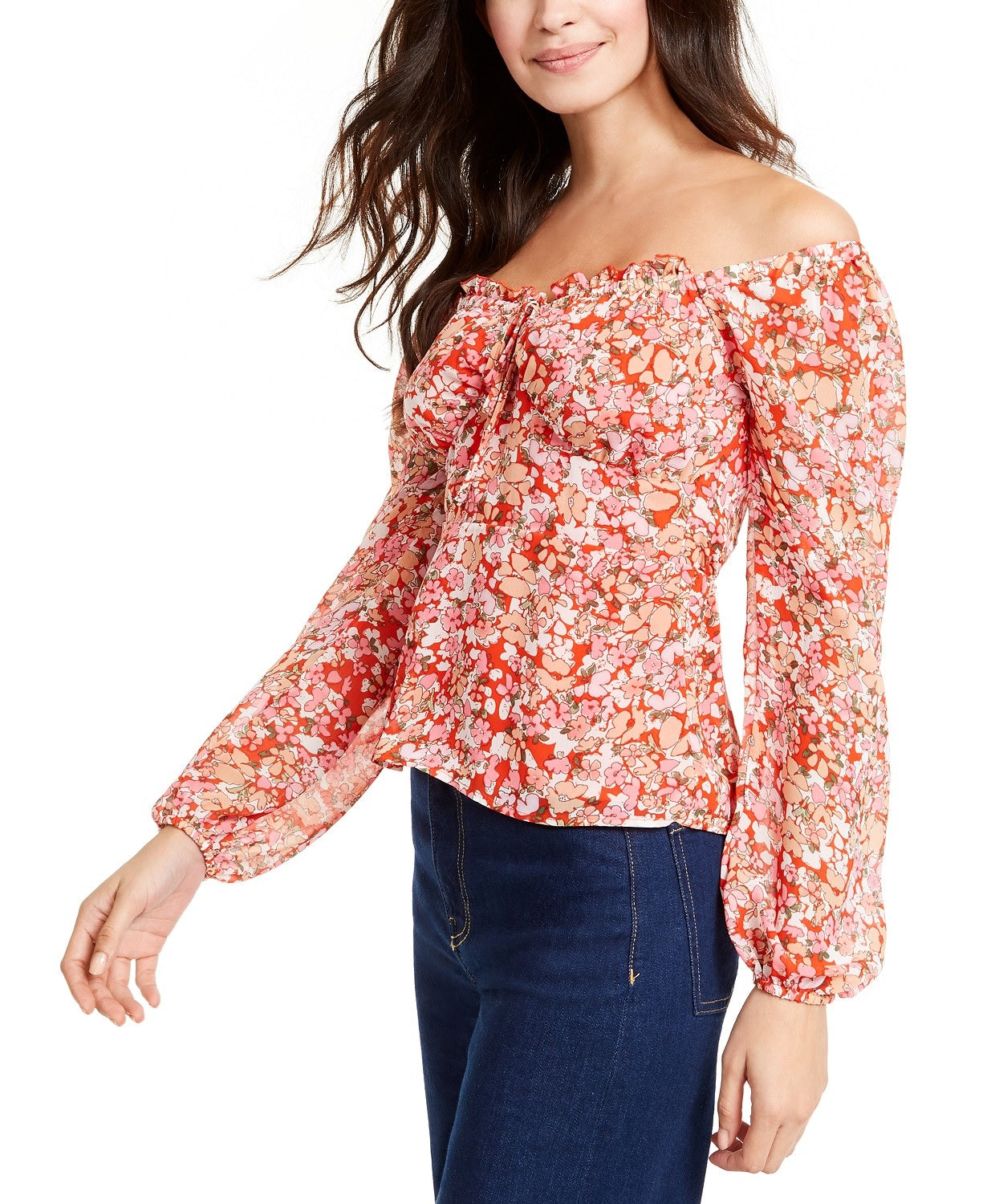 Q &amp; A Top feminino com estampa floral e ombros de fora, vermelho, tamanho médio