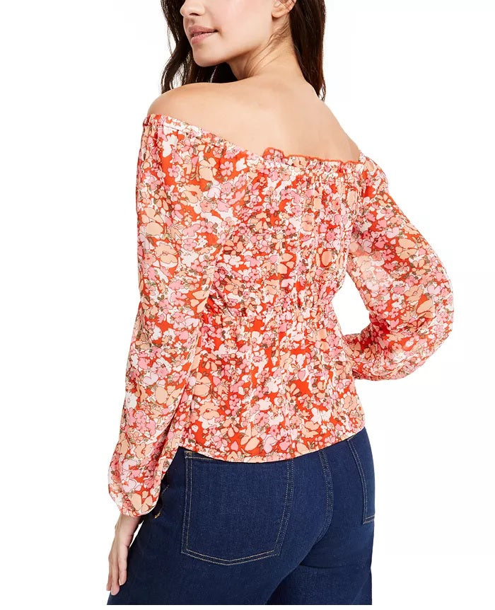 Q &amp; A Top feminino com estampa floral e ombros de fora, vermelho, tamanho médio