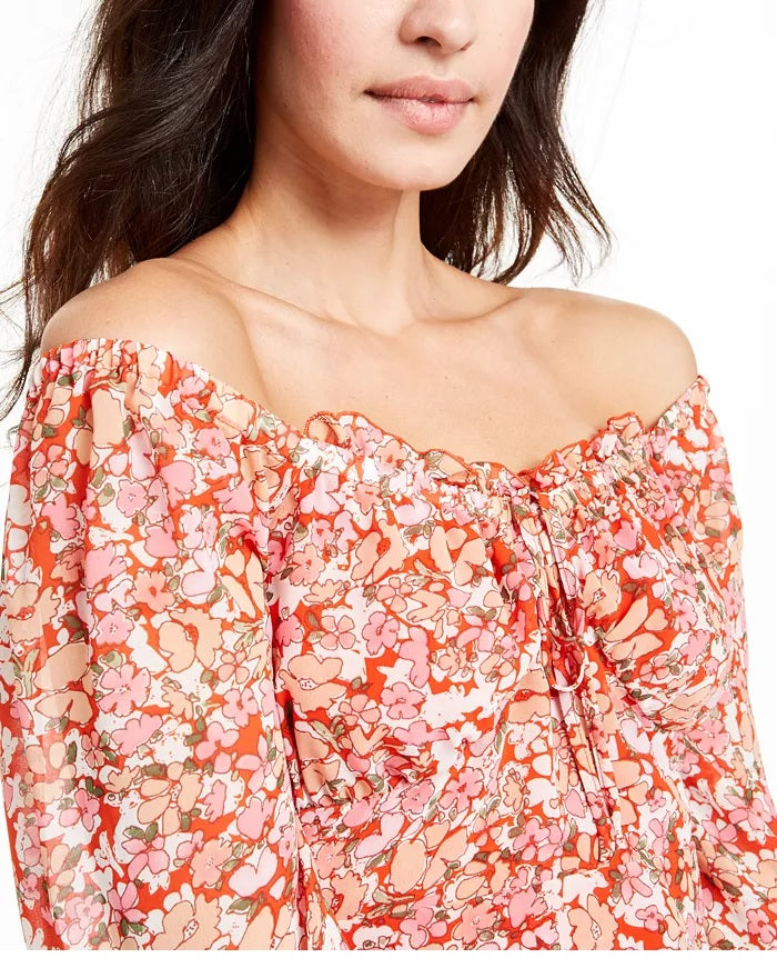 Q &amp; A Top feminino com estampa floral e ombros de fora, vermelho, tamanho médio