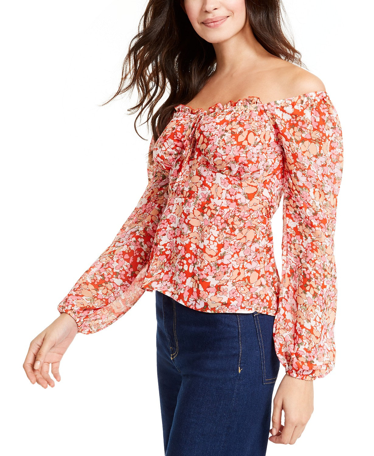 Q &amp; A Top feminino com estampa floral e ombros de fora, vermelho, tamanho extragrande