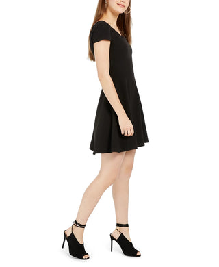 B Darlin Women's Black Low Back Scalloped-Trim Short Sleeve Square Neck Mini Fit + Flare Cocktail Dress Black 13-14