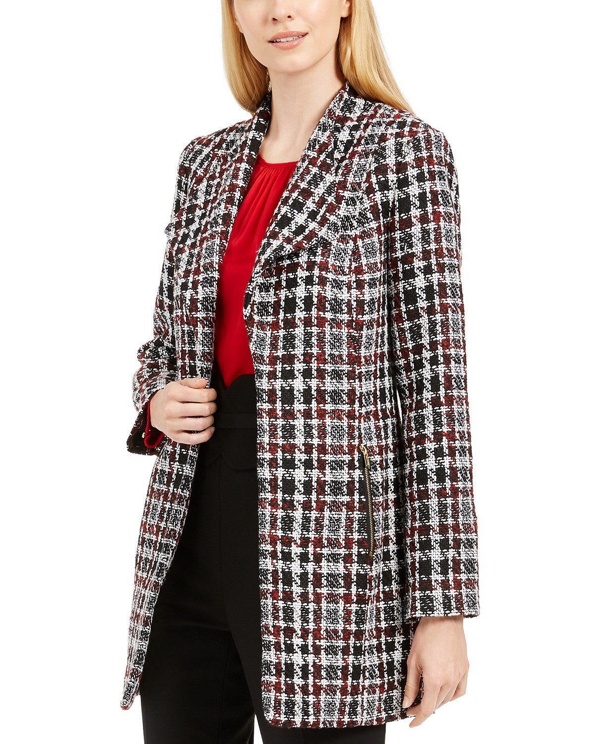 Jaqueta Calvin Klein Feminina Petite Tweed Xadrez Topper Vermelha Tamanho 8