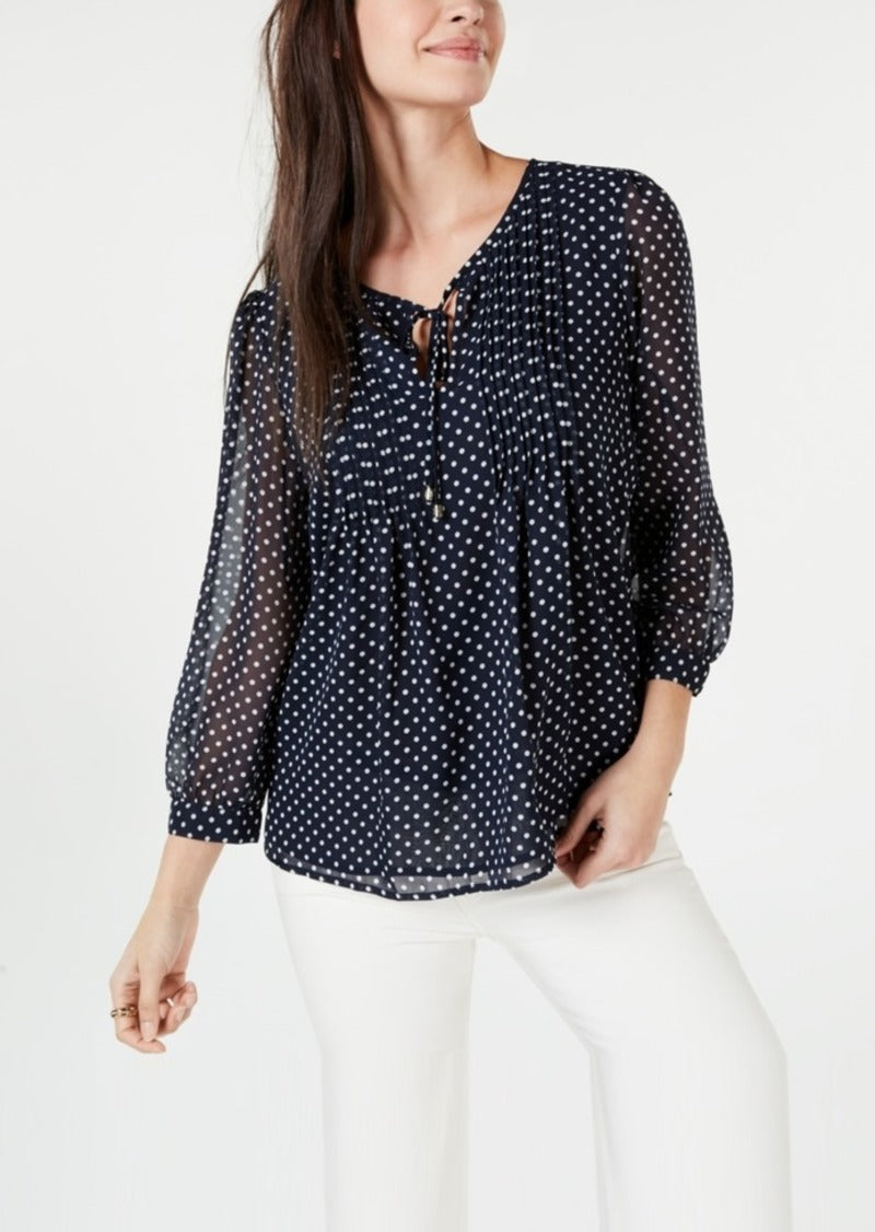 Tommy Hilfiger Blusa Feminina Manga Longa Bayview-Dot Pintuck Azul Marinho Tamanho Extra Grande