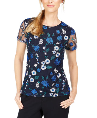 Blusa Calvin Klein Feminina Petite Floral Bordada Azul Tamanho Petite XS