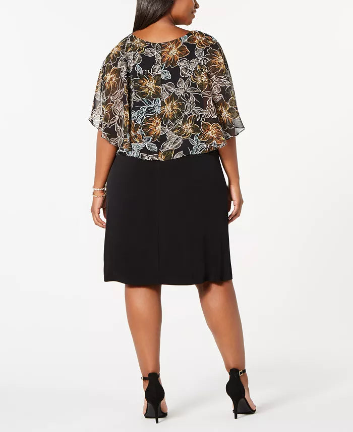 Vestido Plus Size Feminino Connected Chiffon Overlay Preto Tamanho 24
