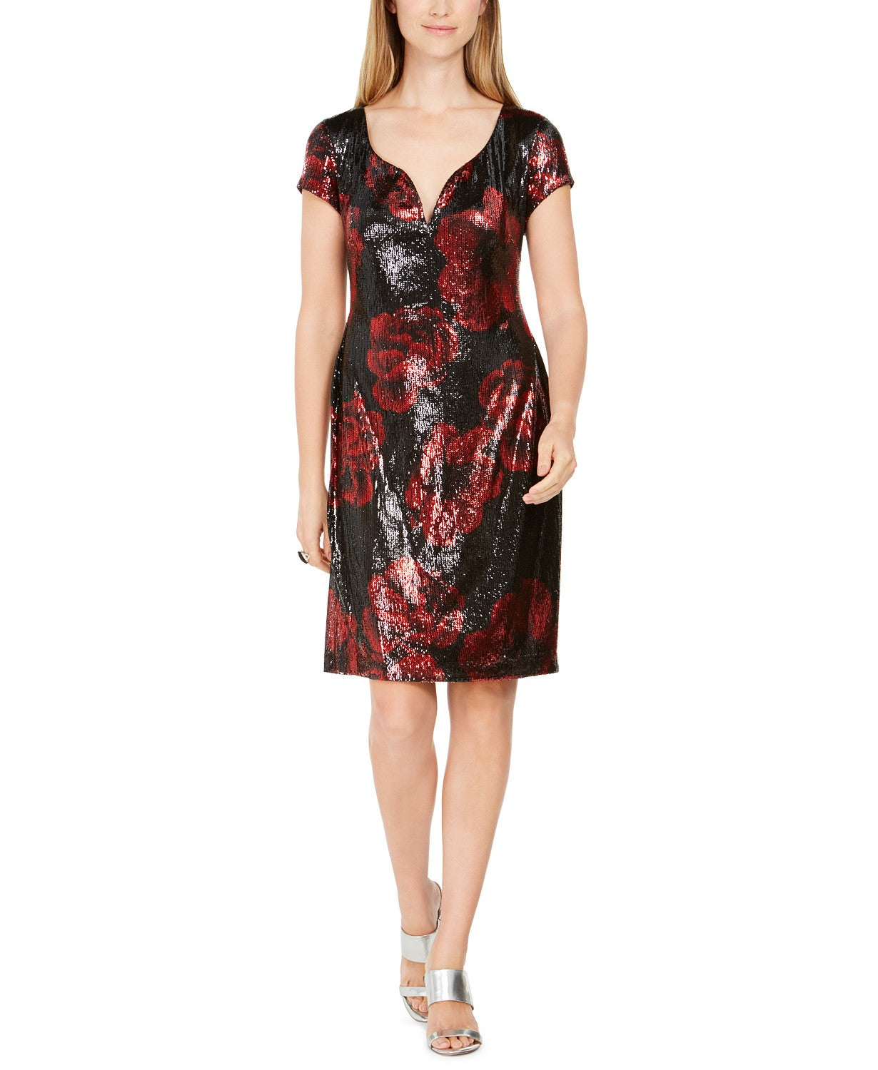 Vestido feminino com estampa floral e lantejoulas, vermelho, tamanho 12